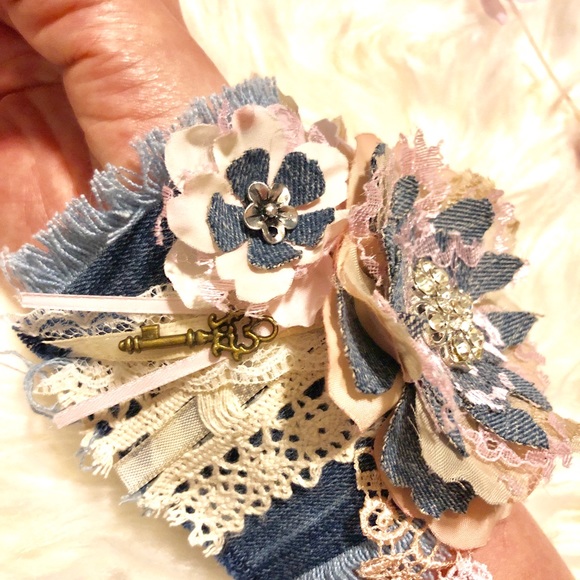 Denim Cuff Floral Pink Sabby Boho Chic Bracelet Handmade - Picture 7 of 8